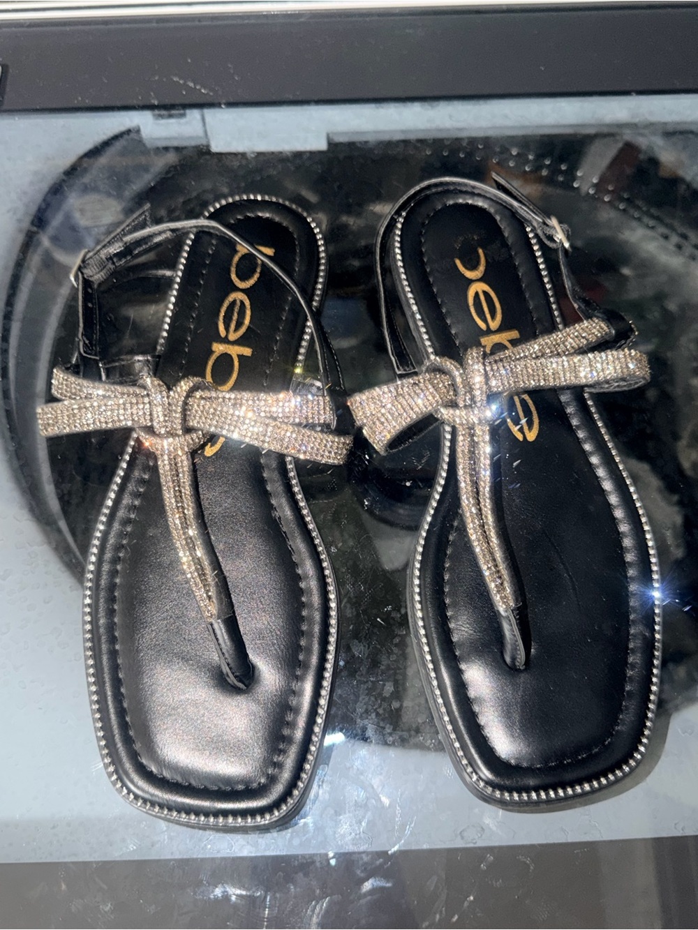 Bebe Women’s Size 9 Black Rhinestone Bow Thong Sandals Square Toe Strappy